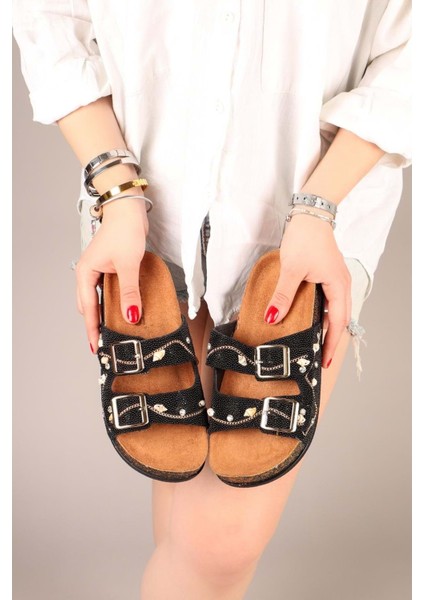 Feles Çift Toka Mantar Taban Taş Detaylı Kadın Terlik fiyatları