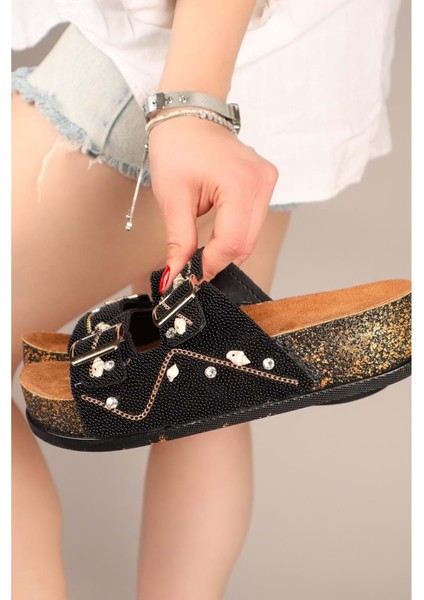 Feles Çift Toka Mantar Taban Taş Detaylı Kadın Terlik modelleri