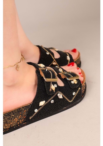 Feles Çift Toka Mantar Taban Taş Detaylı Kadın Terlik indirimleri