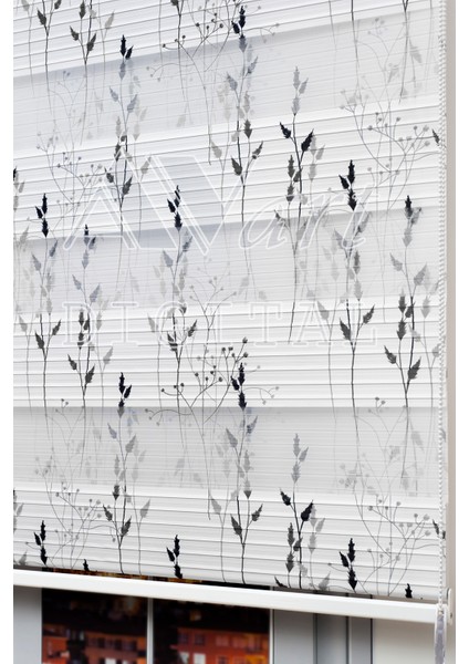 Kır Bitkileri Baskılı Zebra Perde - (Gri - Siyah) - Dijital Baskılı Zebra Stor Perde