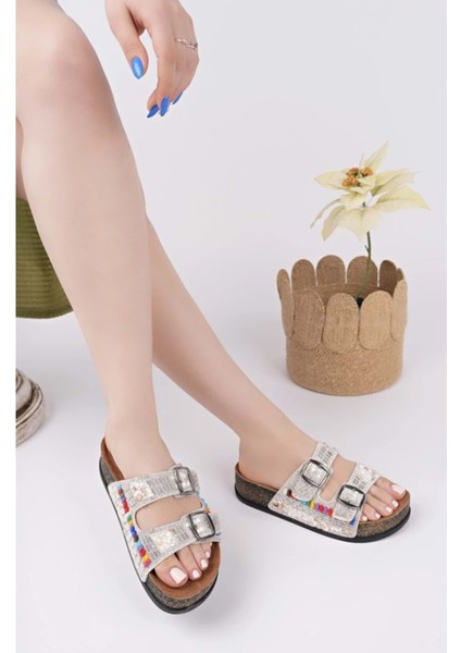Feles Çift Toka Mantar Taban Taş Detaylı Kadın Terlik modelleri