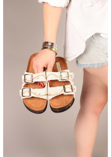 Feles Çift Toka Mantar Taban Taş Detaylı Kadın Terlik modelleri