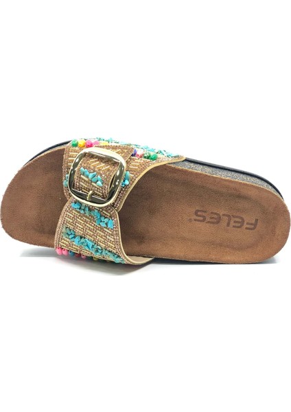 Feles Tek Toka Mantar Taban Taş Detaylı Kadın Terlik modelleri