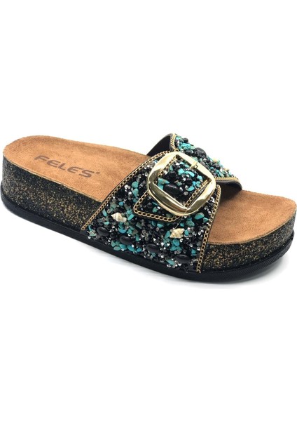 Feles Tek Toka Mantar Taban Taş Detaylı Kadın Terlik