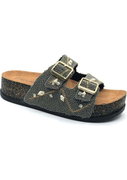 Feles Çift Toka Mantar Taban Taş Detaylı Kadın Terlik modelleri