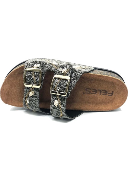 Feles Çift Toka Mantar Taban Taş Detaylı Kadın Terlik indirimleri