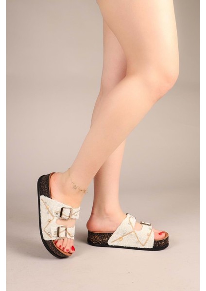 Feles Çift Toka Mantar Taban Taş Detaylı Kadın Terlik indirimleri