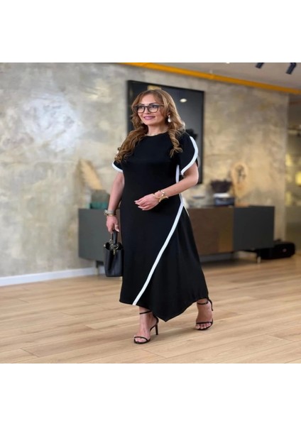 Kadın Kısa Kollu Bisiklet Yaka Çift Şerit Renk Detaylı Asimetrik Kesim Viskon Iki Iplik Elbise