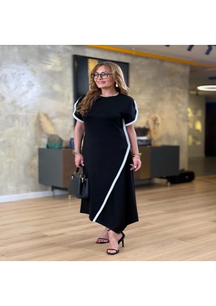 Kadın Kısa Kollu Bisiklet Yaka Çift Şerit Renk Detaylı Asimetrik Kesim Viskon Iki Iplik Elbise fiyatları