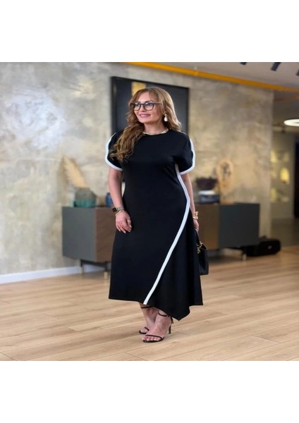 Kadın Kısa Kollu Bisiklet Yaka Çift Şerit Renk Detaylı Asimetrik Kesim Viskon Iki Iplik Elbise modelleri