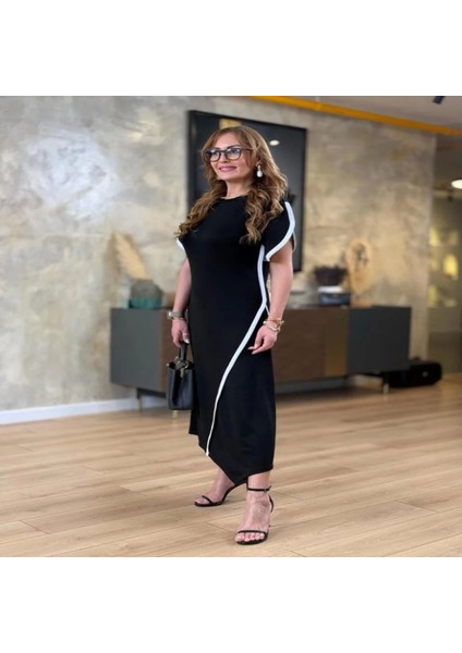 Kadın Kısa Kollu Bisiklet Yaka Çift Şerit Renk Detaylı Asimetrik Kesim Viskon Iki Iplik Elbise fırsatları