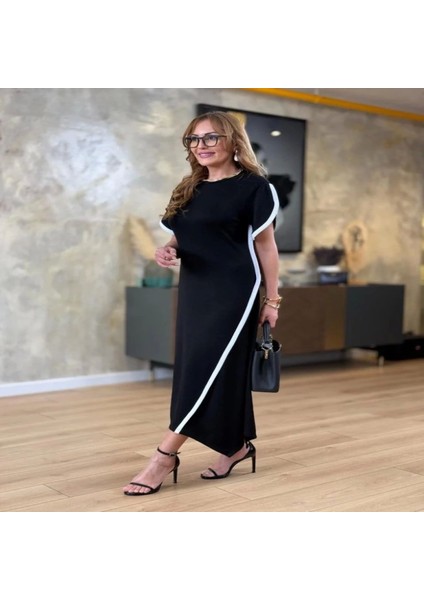 Kadın Kısa Kollu Bisiklet Yaka Çift Şerit Renk Detaylı Asimetrik Kesim Viskon Iki Iplik Elbise indirimleri