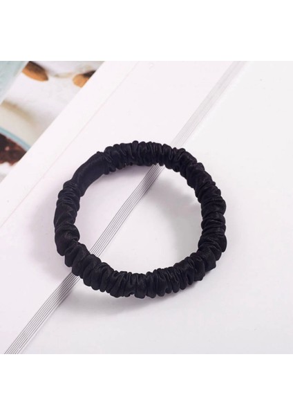 %100 Saf Ipek Küçük Scrunchie Saç Tokası Siyah - Günlük Pratik Ekstra Elastik Lastikli Simit Toka