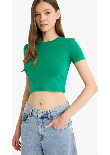 Fitted Crop Basic Düz Kısa Kollu Tişört F8924AX25HS