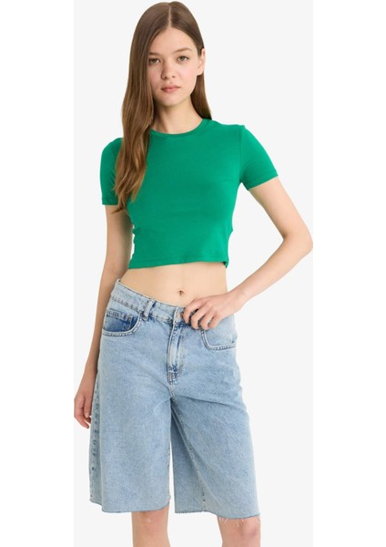 Fitted Crop Basic Düz Kısa Kollu Tişört F8924AX25HS fırsatları