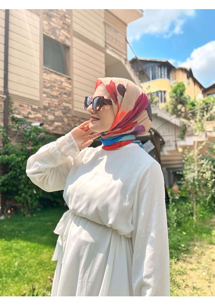 Palet Desen Bambu Eşarp - Bej - Kırmızı