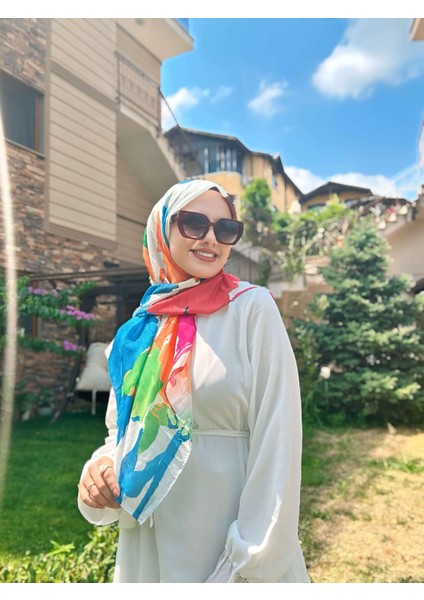 Palet Desen Bambu Eşarp - Beyaz - Mavi