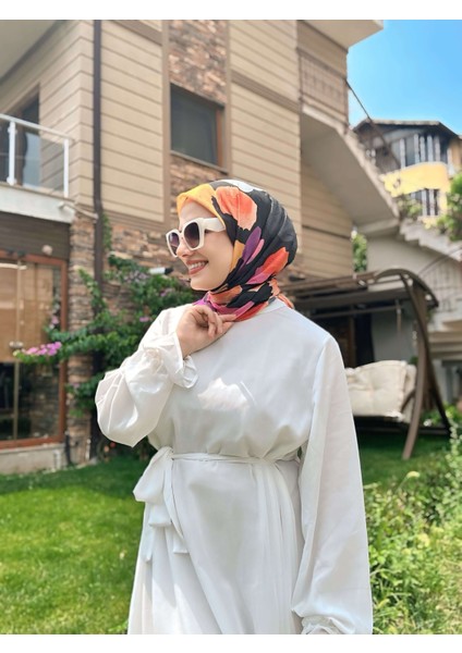Palet Desen Bambu Eşarp - Siyah - Turuncu