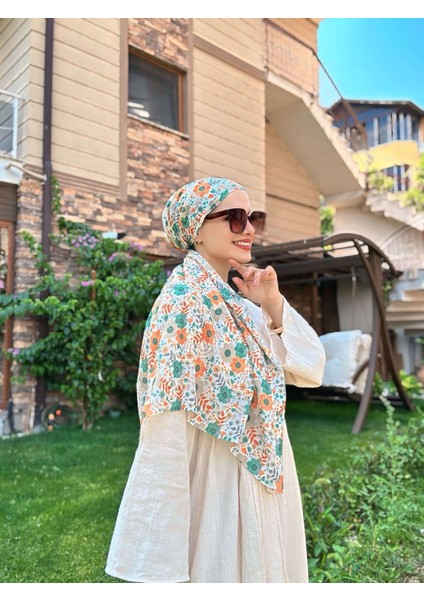 Flora Desen Bambu Eşarp - Turuncu - Yeşil