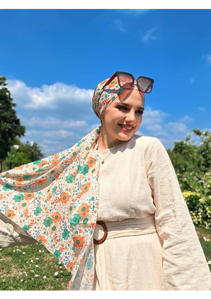 Flora Desen Bambu Eşarp - Turuncu - Yeşil modelleri