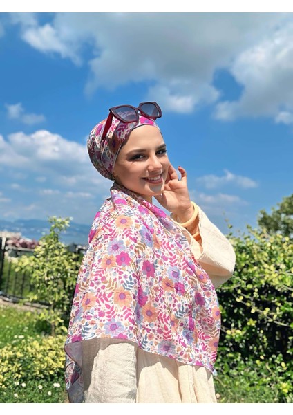 Flora Desen Bambu Eşarp - Mavi - Somon