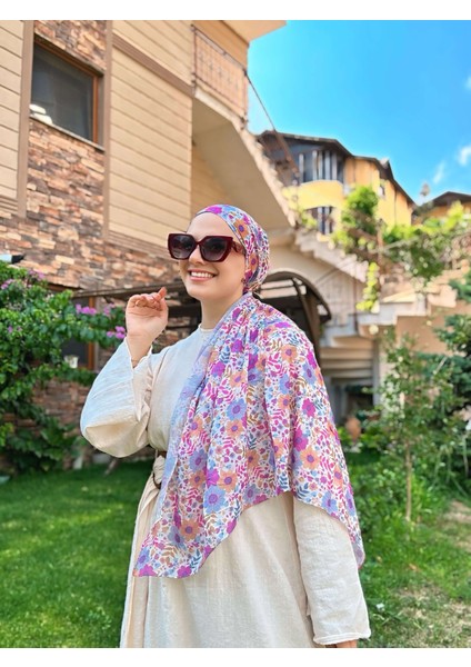 Flora Desen Bambu Eşarp - Mavi - Somon modelleri