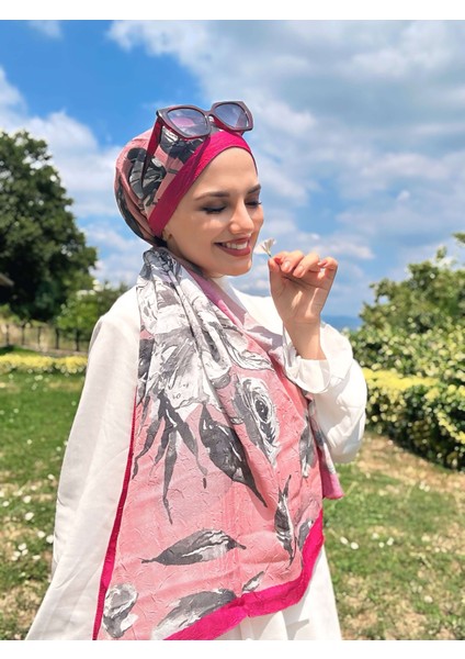 Açelya Desen Çizgili Bambu Şal - Fuşya
