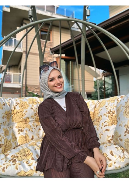 Çizgisel Daire Mk Pamuk Eşarp - Gri-Füme