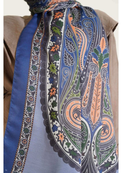 Çiçekli Etnik Desen Şal Indigo