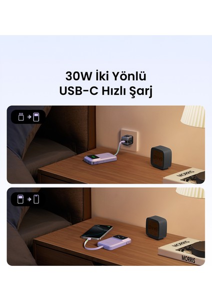 Uno Dahili Kablolu 10.000 Mah 30W Hızlı Şarj Powerbank, Mor, 35604B