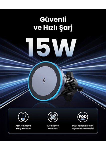 15W Magsafe Kablosuz Araç Içi Manyetik Hızlı Şarj Cihazı - 35029