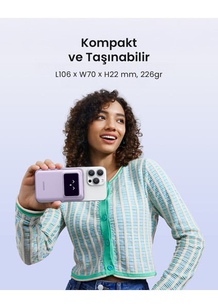 Uno Magsafe Wireless 10.000 mAh 20W Hızlı Şarj Mini Powerbank, Mor - 45328