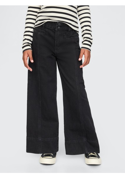 Kız Çocuk Siyah High Rise Stride Wide-Leg Ankle Jean Pantolon indirimleri