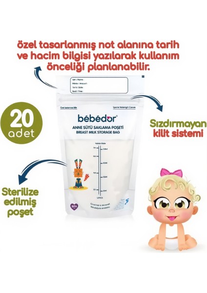 Anne Sütü Saklama Poşeti 200 ml 20LI (4 Kutu) fiyatları