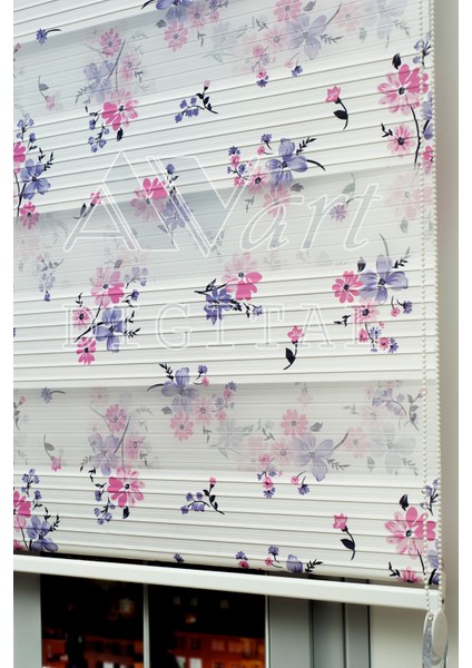 Pembe Mavi Çiçek Baskılı Plise Zebra Stor Perde - Dijital Baskılı