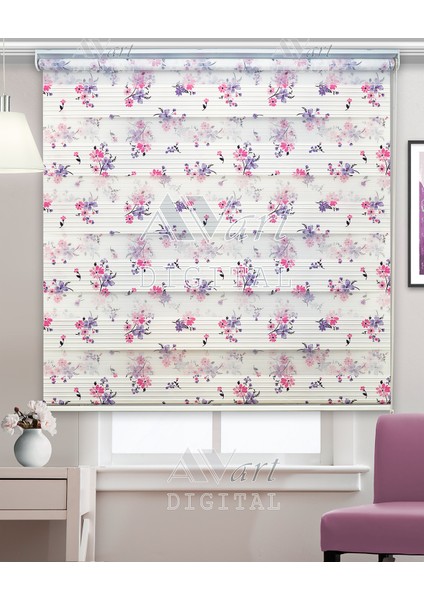 Pembe Mavi Çiçek Baskılı Plise Zebra Stor Perde - Dijital Baskılı fiyatları