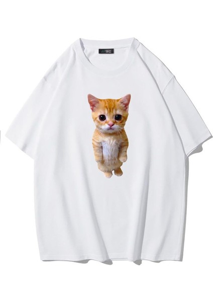 Unisex Oversize Sevimli Kedi T-Shirt Beyaz