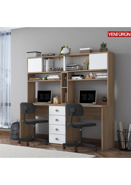 HA130 Iki Kişilik Raflı 2 Kapaklı 4 Çekmeceli Çalışma Ofis Bilgisayar Masası Sepet Ceviz - Beyaz