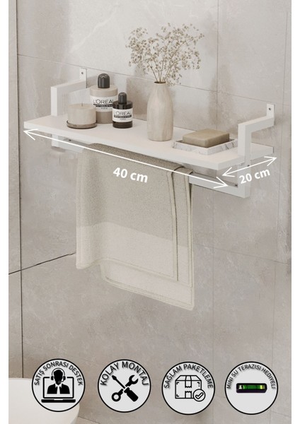 Tek Raflı Beyaz Banyo Rafı | Beyaz Profil | Havluluk | 40X20 Ebatında Ahşap