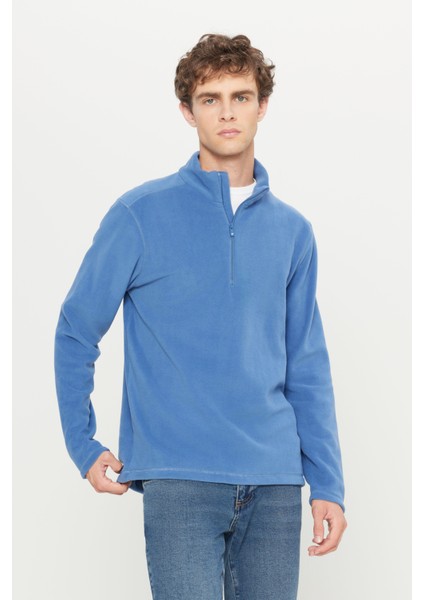 Erkek Indigo Anti-pilling Tüylenme Yapmayan Standart Fit Dik Yaka Soğuk Geçirmez Polar Sweatshirt