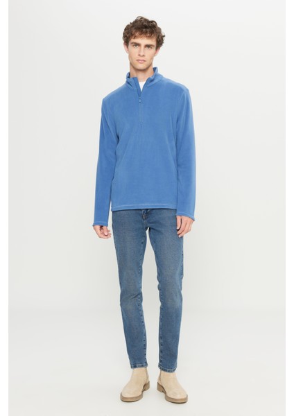 Erkek Indigo Anti-pilling Tüylenme Yapmayan Standart Fit Dik Yaka Soğuk Geçirmez Polar Sweatshirt fiyatları