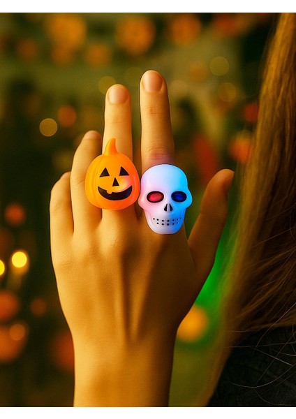 Cadılar Bayramı Kuru Kafa Balkabağı Işıklı Yüzük 2'li