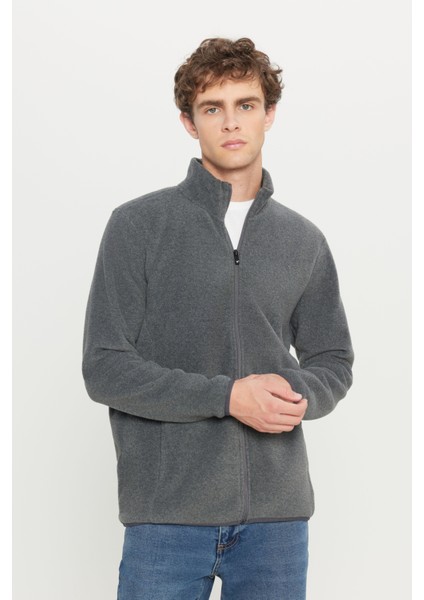 Erkek Antrasit-melanj Anti-pilling Tüylenme Yapmayan Standart Fit Dik Yaka Sweatshirt Polar Ceket