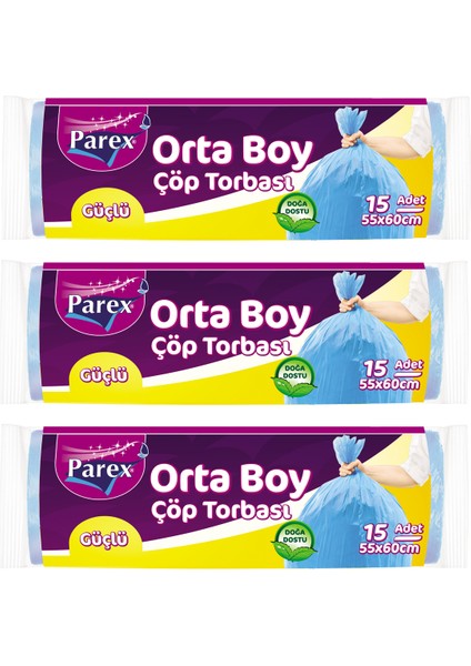 Güçlü Çöp Torbası Orta Boy 15'li 55 x 60 cm Üçlü Set
