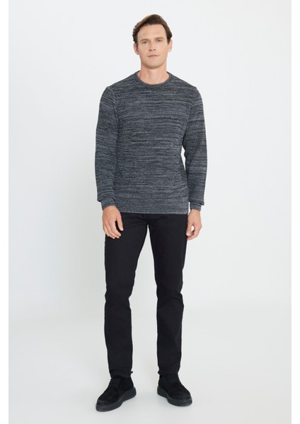 Erkek Siyah-gri Standart Fit Normal Kesim Bisiklet Yaka Desenli Triko Kazak fiyatları