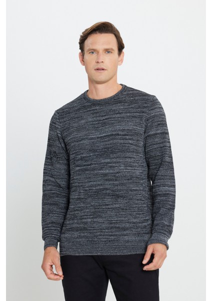 Erkek Siyah-gri Standart Fit Normal Kesim Bisiklet Yaka Desenli Triko Kazak modelleri