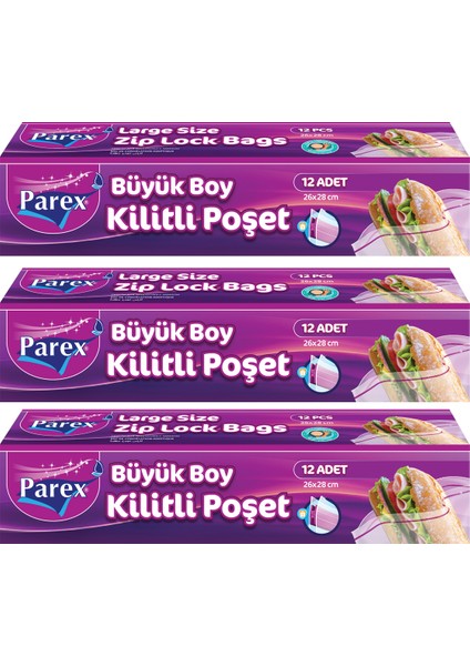 Kilitli Buzdolabı Poşet Büyük Boy 12'li 26 x 28 Cm Üçlü Set