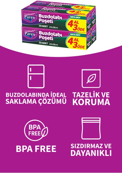Buzdolabı Poşeti Orta Boy 4 Al 3 Öde (4*20) 24 x 38 Cm İkili Set modelleri