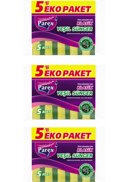 Klasik Yeşil Sünger Düz 5'li Paket Üçlü Set