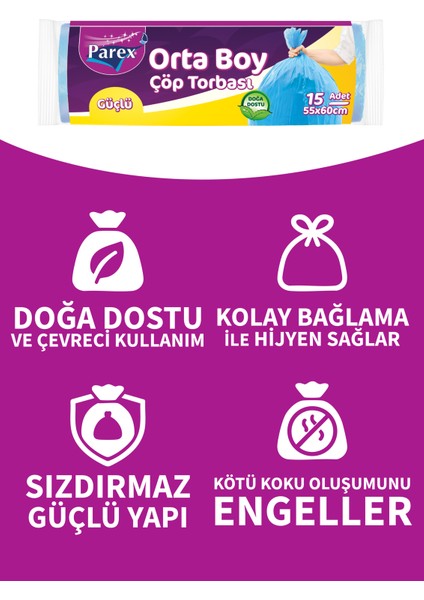 Güçlü Çöp Torbası Orta Boy 15'li 55 x 60 cm 50 Paket 1 Koli indirimleri